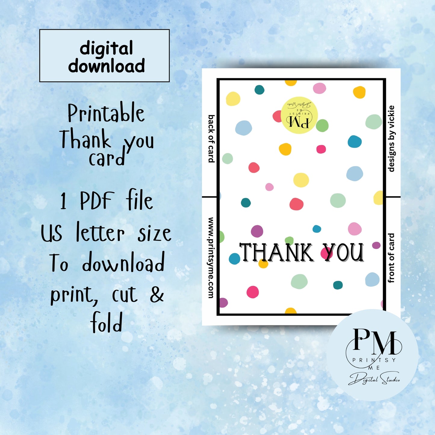 Printable Thank You greeting card 7x5 inch - Polka dot