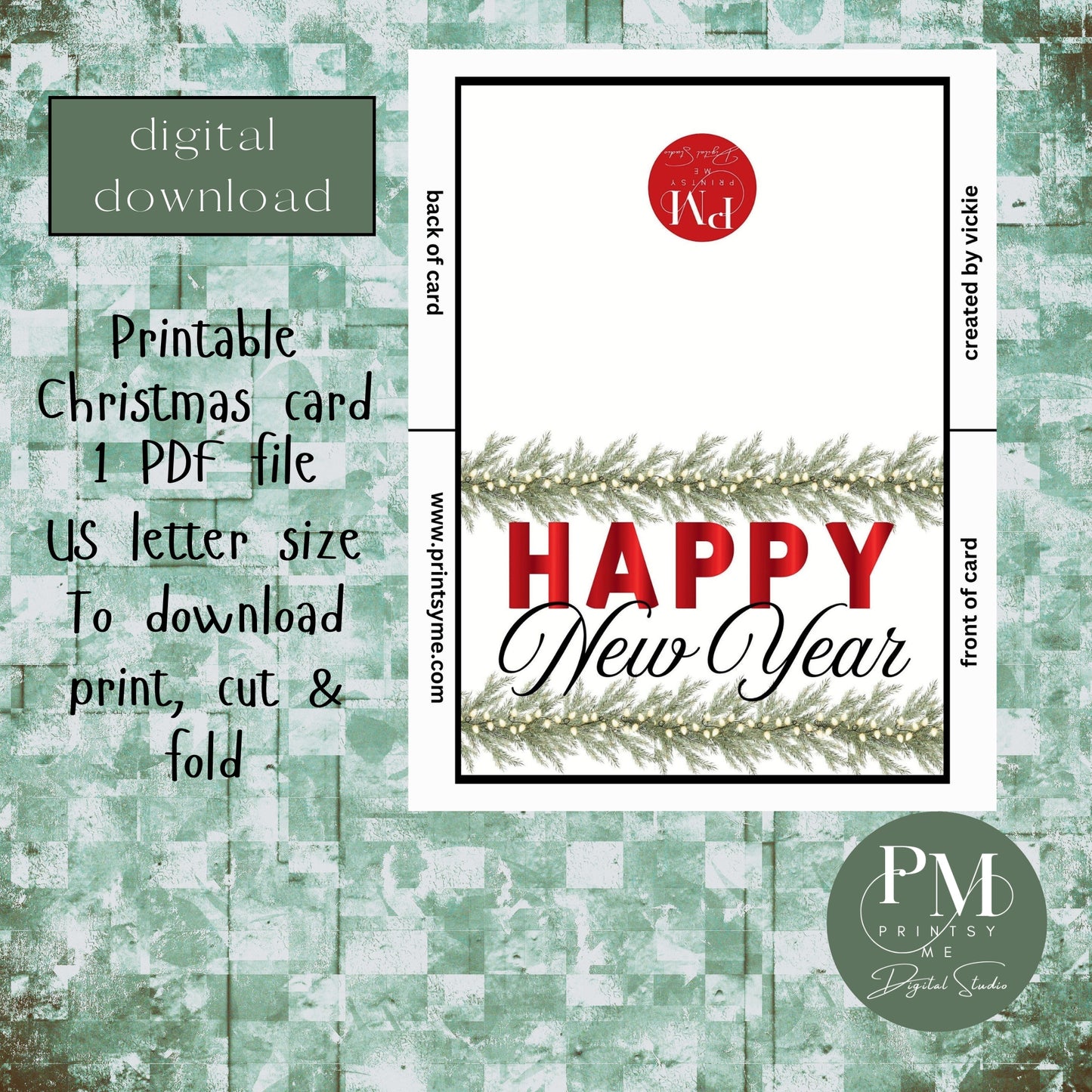 Printable "Happy New Year" greeting card 7x5 inches