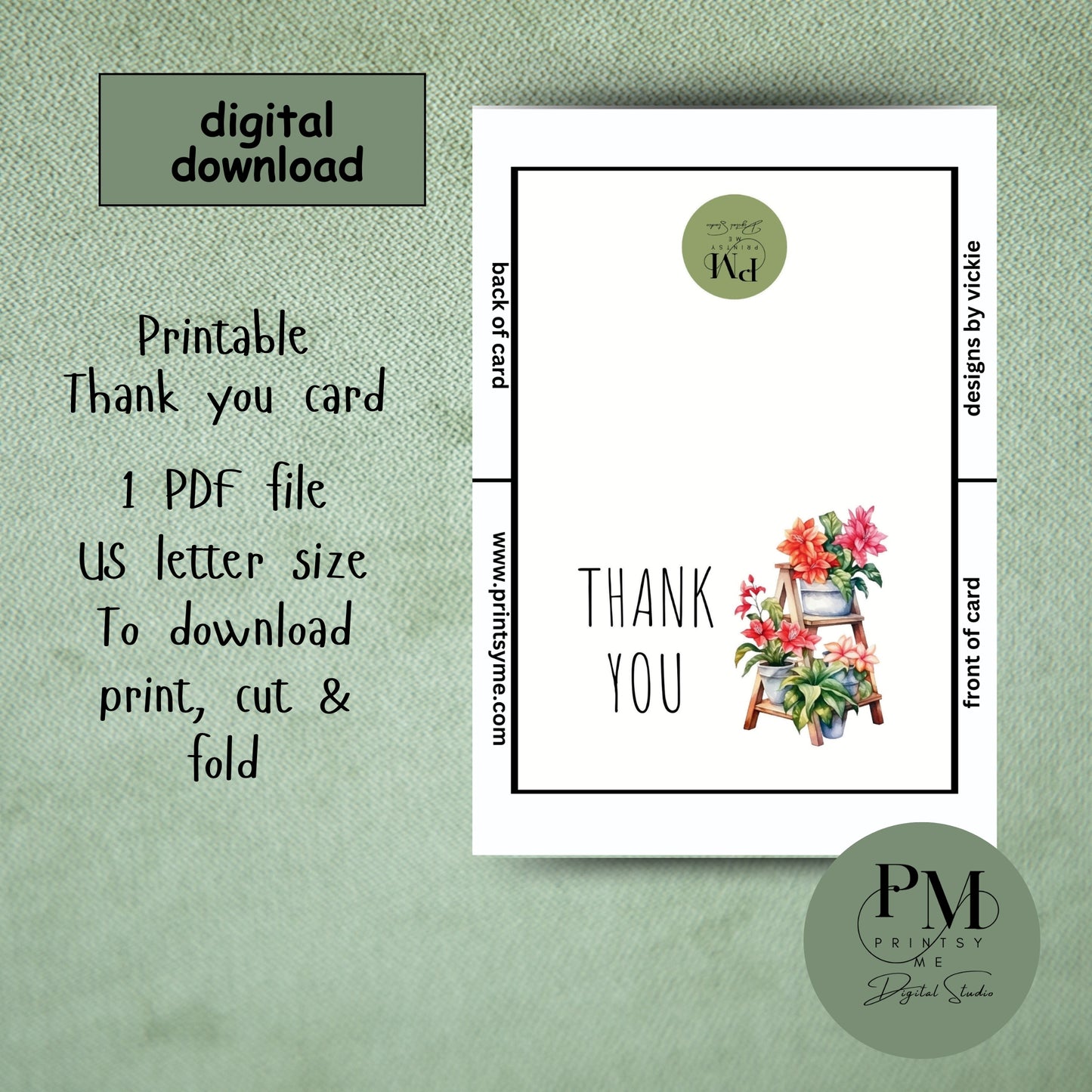 Printable Thank You card 7x5 inch (Floral)