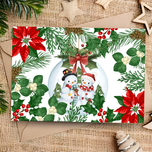 Printable "Poinsettia & Pine" greeting card 7x5 inches