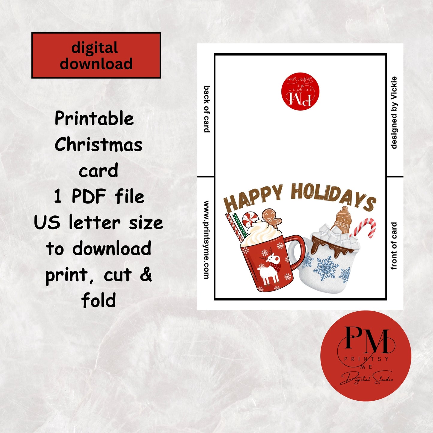 Printable "Happy Holidays" greeting card 7x5 inches