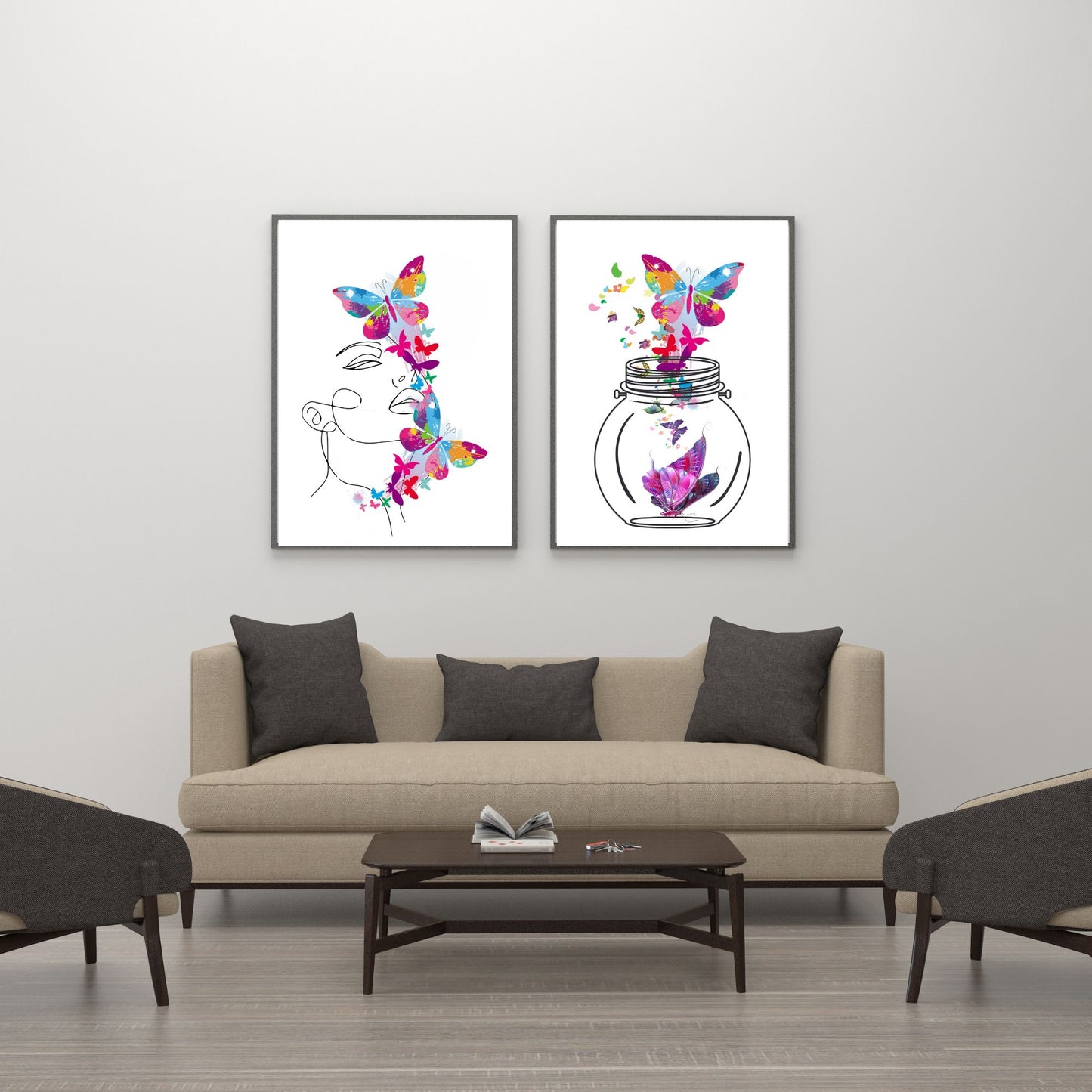 Digital Wall Art-Face with rainbow pink butterflies wbg- instant download