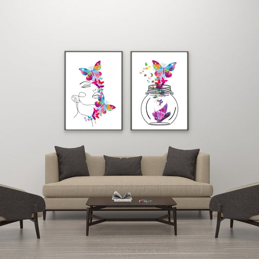 Digital Wall Art-Face with rainbow pink butterflies wbg- instant download