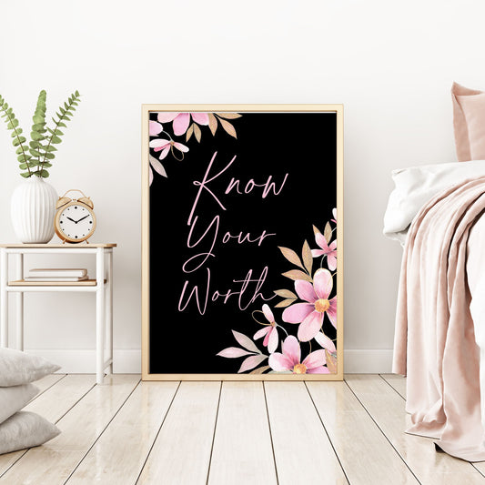 Digital Wall Art- Know your worth pink/black- instant download