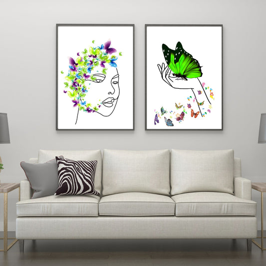 Digital Wall Art-Face with bright green/purple butterfly-instant download