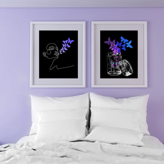 Digital Wall Art-Face with purple/blue butterflies bbg-instant download