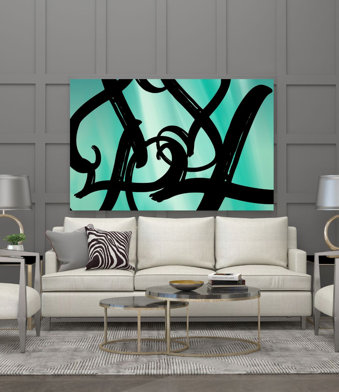 Digital Wall Art-Teal with black lines abstract- instant downloads